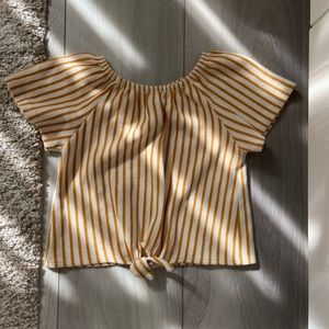 Off the shoulder white and yellow striped shirt